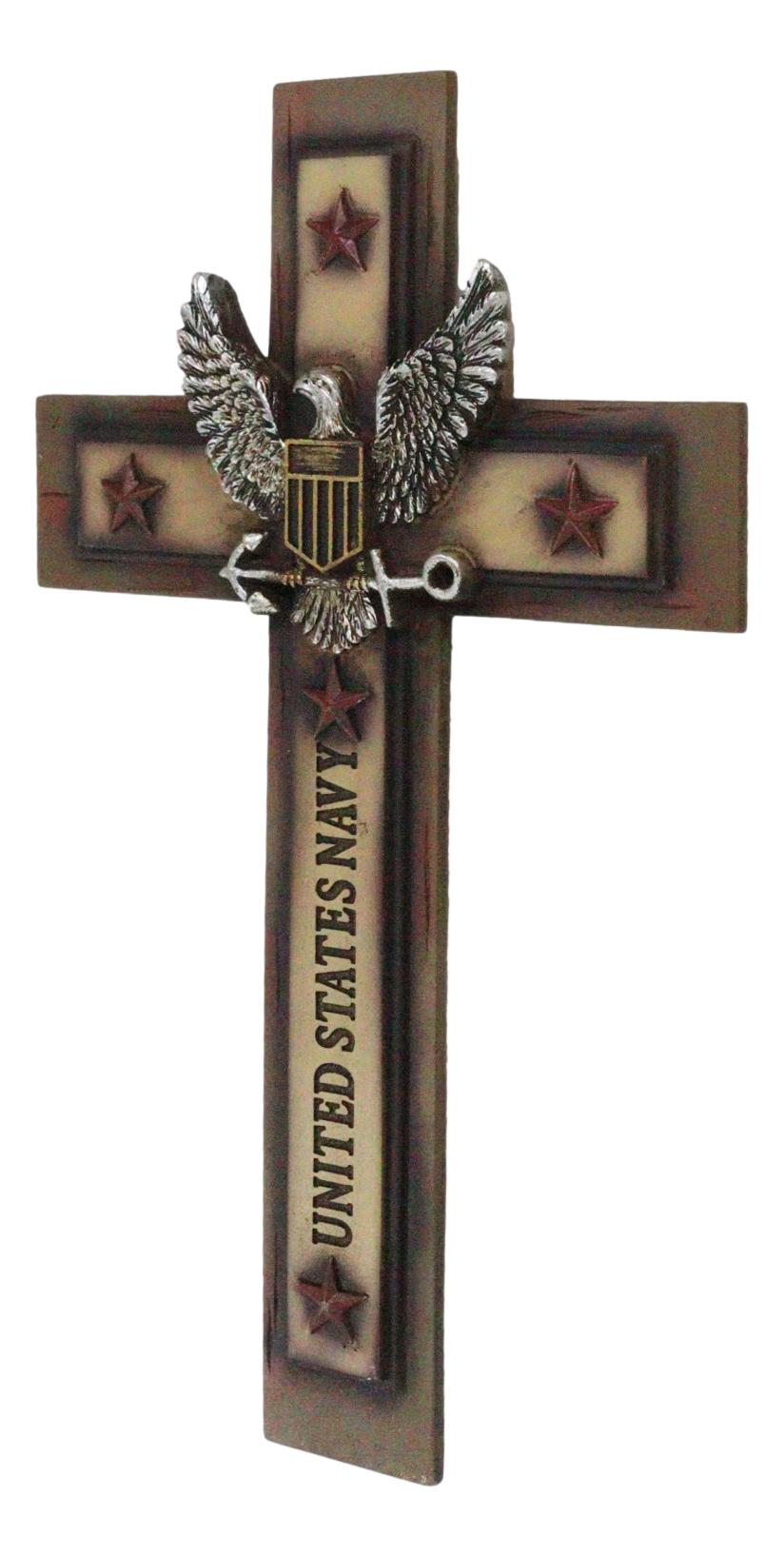 Western Rustic United States Navy with Eagle and Anchor Emblem Wall Cross Plaque - Ebros Gift