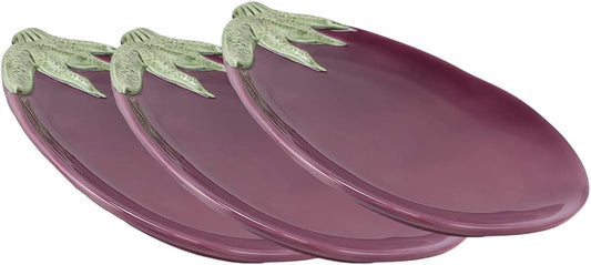 Ebros 11" Long Ceramic Eggplant Brinjal Fruit Shaped Serving Plate Dish SET OF 3 - Ebros Gift