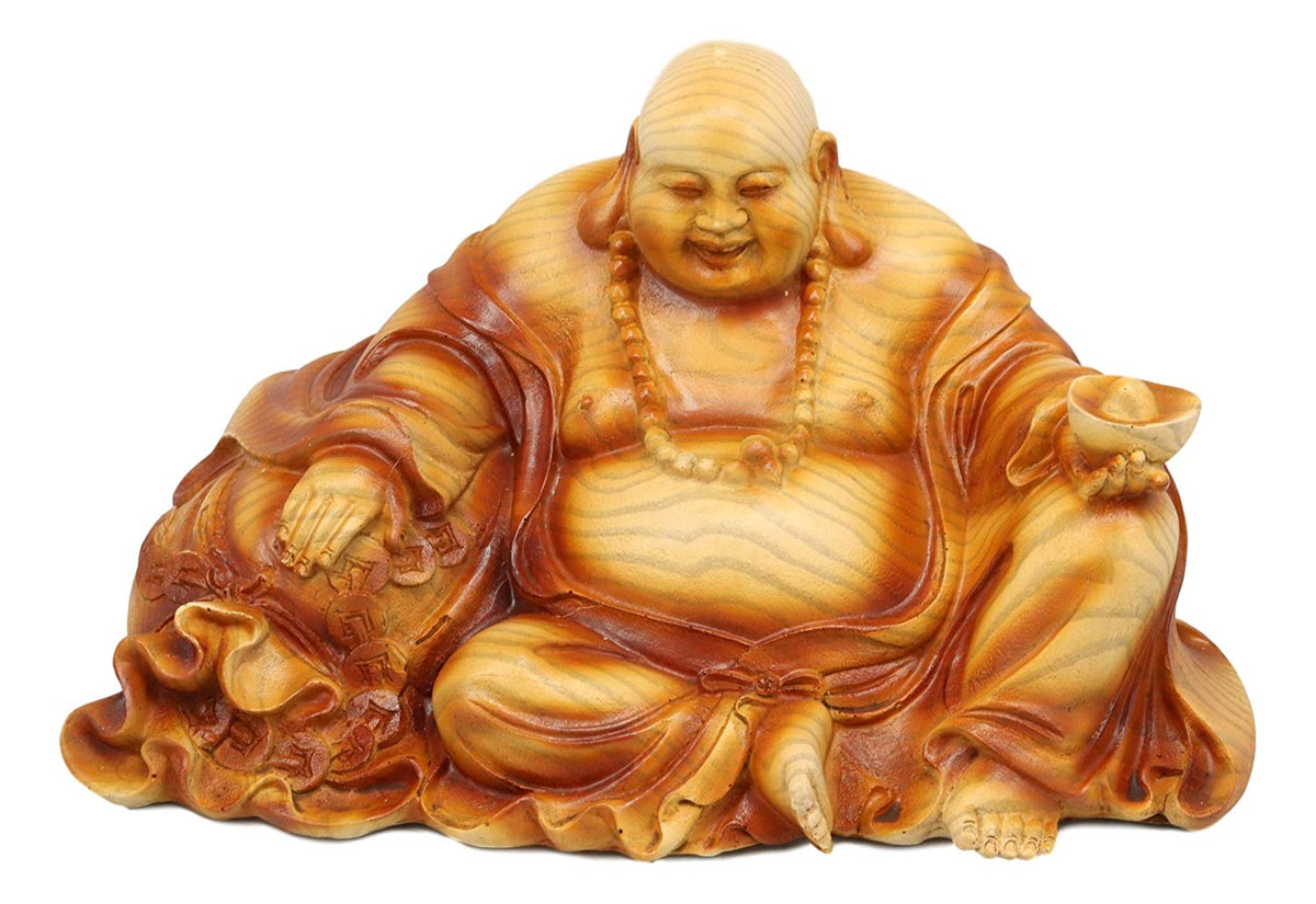 Ebros Feng Shui Hotei Happy Buddha Sitting with Gold Ingot and Money Coins 9" W