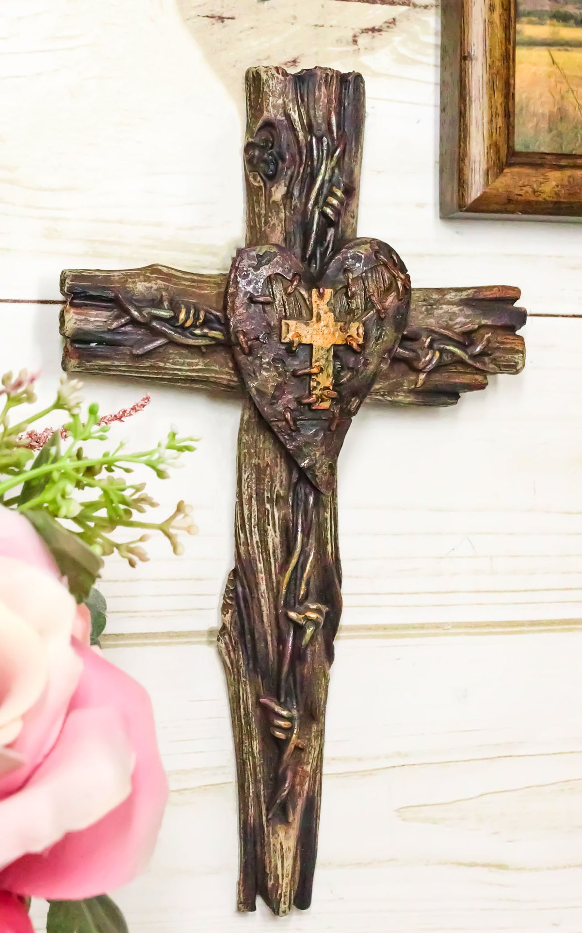 Rustic Western Distressed Faux Wooden Barbed Wires With Heart Plaque Wall Cross
