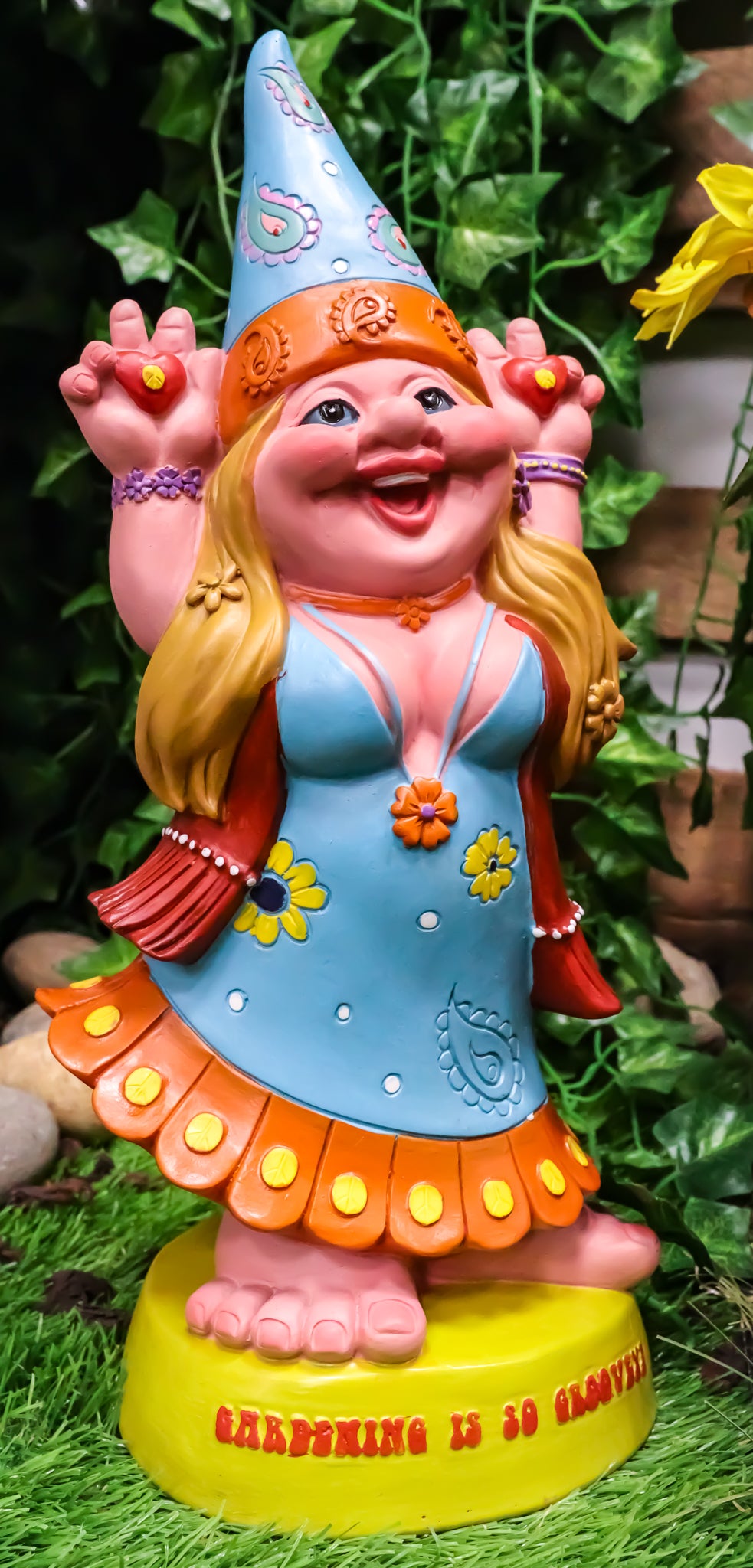 Ebros Garden Green Thumb Flower Child Hippie Lady Gnome Statue 'Gardening is So Groovey' Figurine 13.5" H