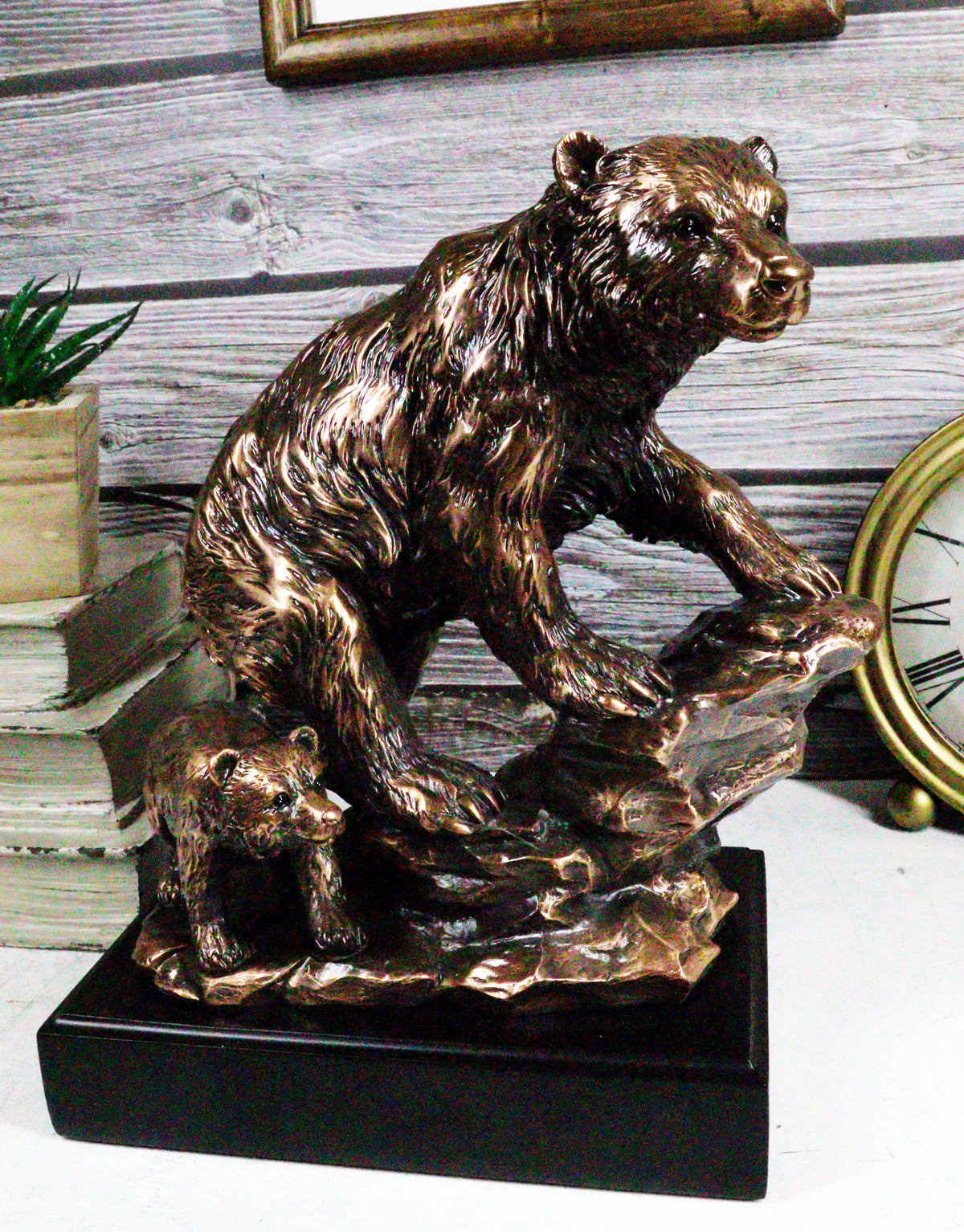 Black Bear Mother With Cub Climbing Rock Bronze Electroplated Resin Statue 9"H - Ebros Gift