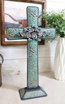 Rustic Western Turquoise Floral Scroll With Silver Roses Standing Cross Statue