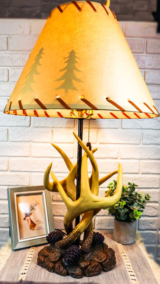Ebros 26"H Rustic Vintage Design 3 Entwined Antlers And Pine Cones Table Lamp - Ebros Gift