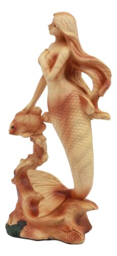 Ebros Nautical Ocean Marine Mermaid Princess With Fish Statue 7.25"H Faux Wood