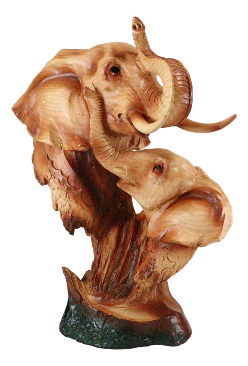 Safari Wildlife Elephant Father And Calf With Trunk Up Bust Faux Wood Figurine
