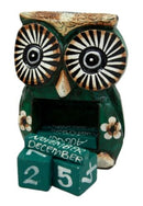 Balinese Wood Handicrafts Hypnosis Eyed Green Owl Desktop Calendar Figurine 4.5"