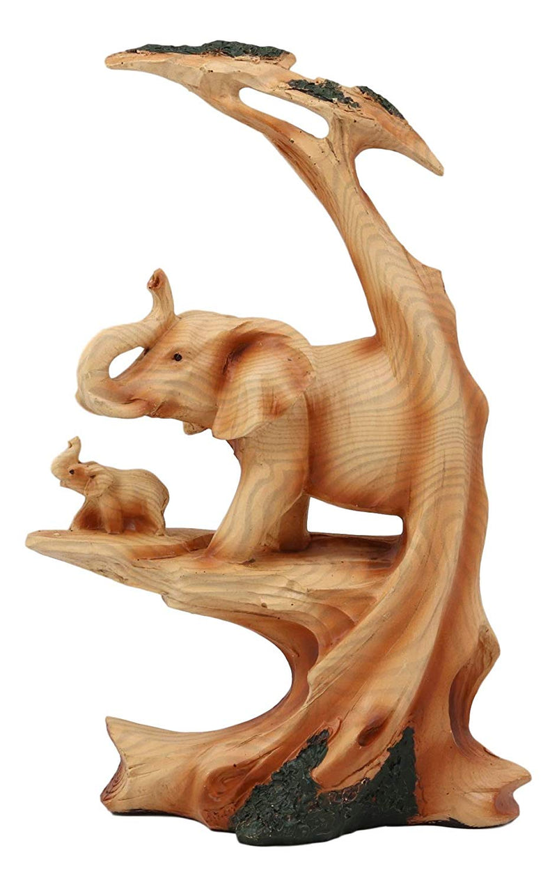 Wildlife Elephant Father With Calf In Savanna Scenery Statue Faux Wood Resin
