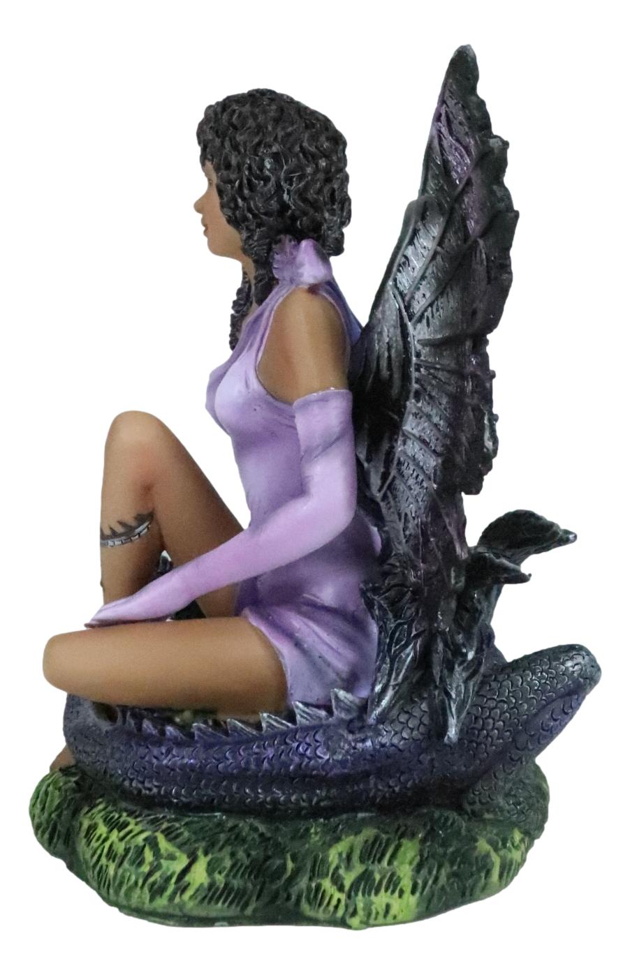 Ebros Tribal Ebony Moth Fairy With Baby Dragon Statue Black African Fairy 5"H