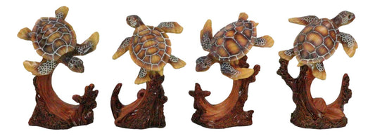 Marine Life Sea Turtles Swimming Under The Sea Reefs Collectible Figurines Set - Ebros Gift