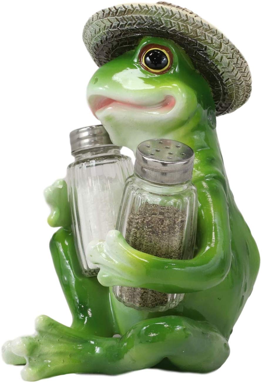 Ebros Green Toad Tree Frog With Sombrero Glass Salt Pepper Shakers Holder Set - Ebros Gift