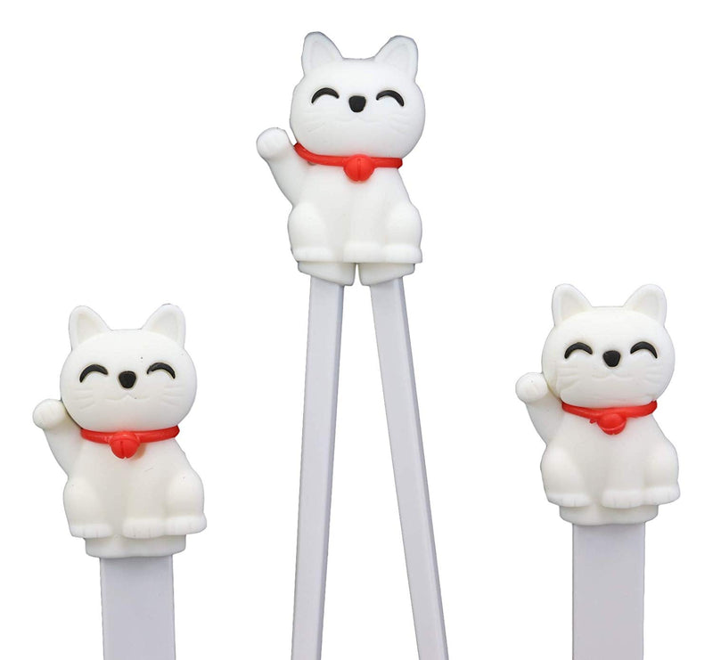 White Maneki Neko Cat Training Chopsticks With Silicone Guide Spoon And Fork Set