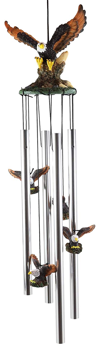 Ebros Gift Colorful American Bald Eagle Spreading Out Its Wings Resonant Relaxing Wind Chime Patio Garden Decor Wild Birds of Prey Eagles Swooping Resin Sculpture with Aluminum Rods