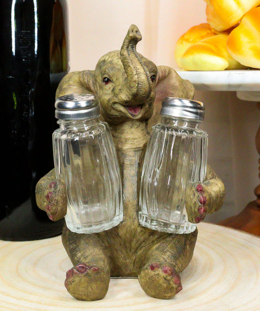Sitting African Safari Bush Elephant With Trunk Up Salt Pepper Shakers Holder