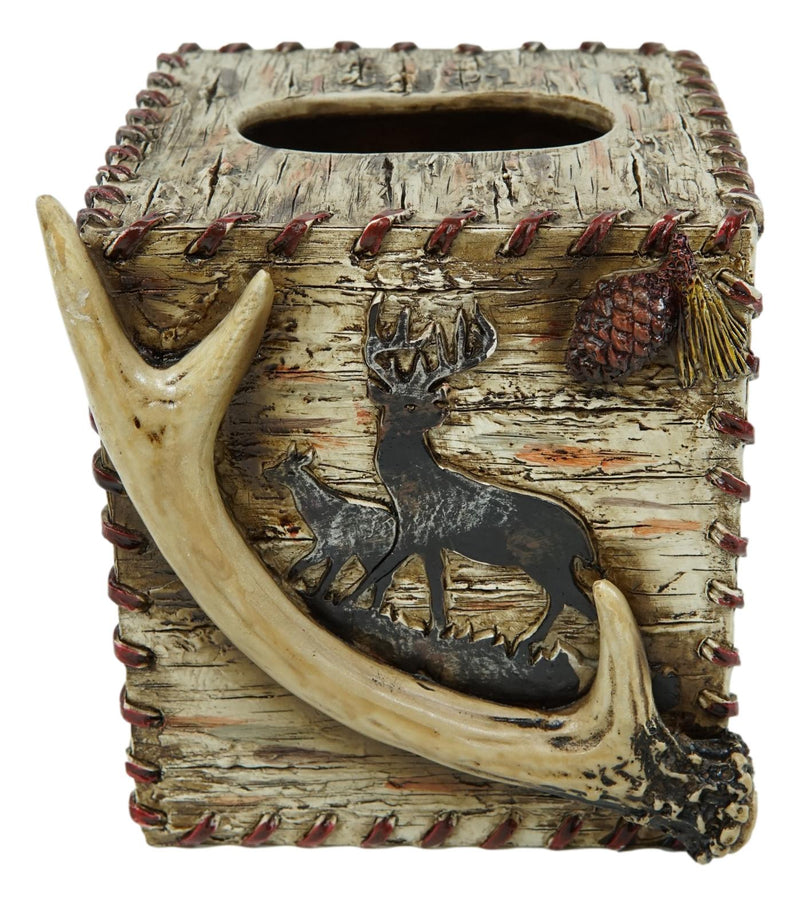 Rustic Wildlife Buck Elk Stag Deer Antler With Pinecone Tissue Box Cover 6"H