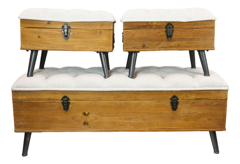Rustic Wood Hinged Flip Top Storage Bench Seats With Fabric Cushion Set Of 3