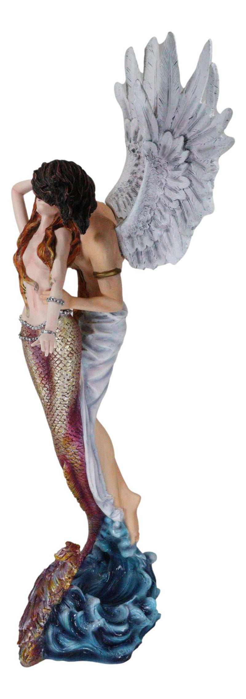Large Goddess Mermaid Embracing With Heavenly Winged Angel By The Ocean Statue