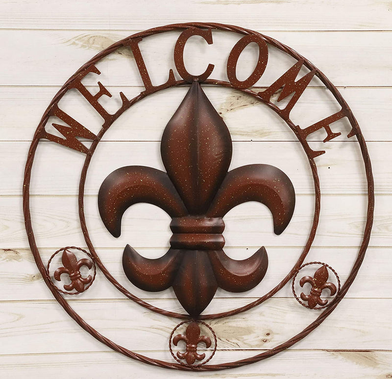 Ebros Gift Oversized 25" Wide Vintage Rustic Fleur De Lis Symbol with Welcome Sign Braided Metal Aluminum Circle Wall Decor 3D Art Greeting Plaque Inspirational Western Country