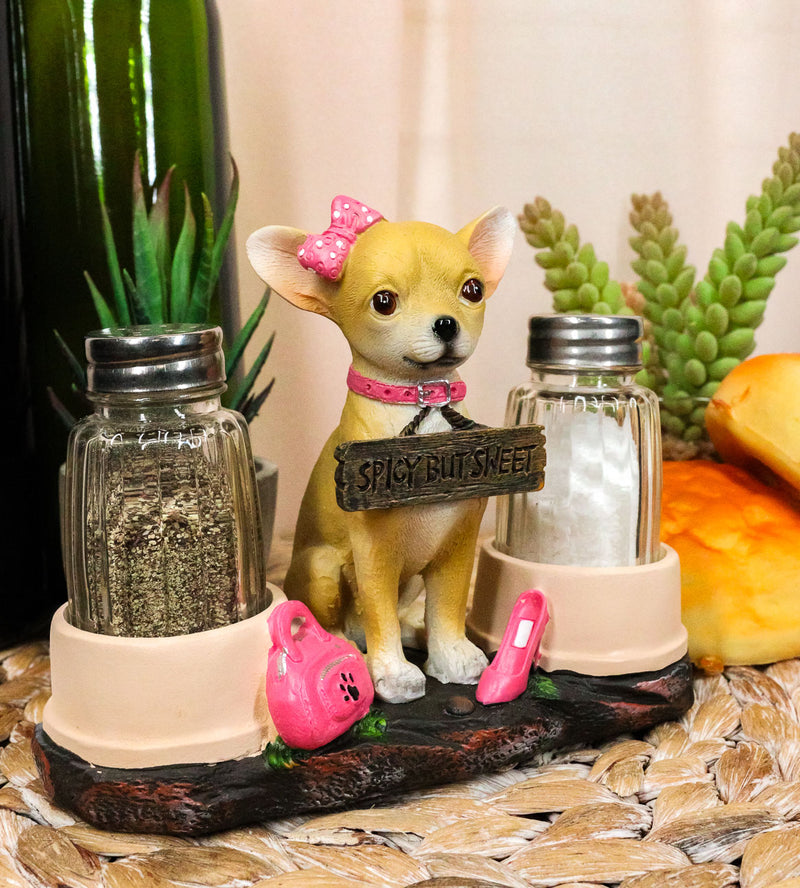 Ebros Gift Hot & Spicy Glamour Pink Girl Chihuahua Dog Glass Salt Pepper Shakers Holder Figurine Teacup Female Chihuahua Decor