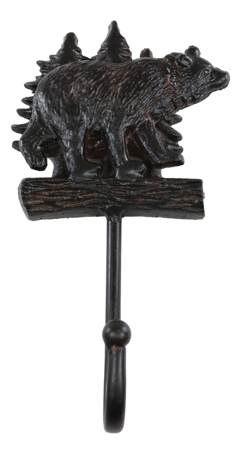 Cast Iron 9"H Rustic Forest Black Bear By Pine Trees Log Forest Wall Coat Hook