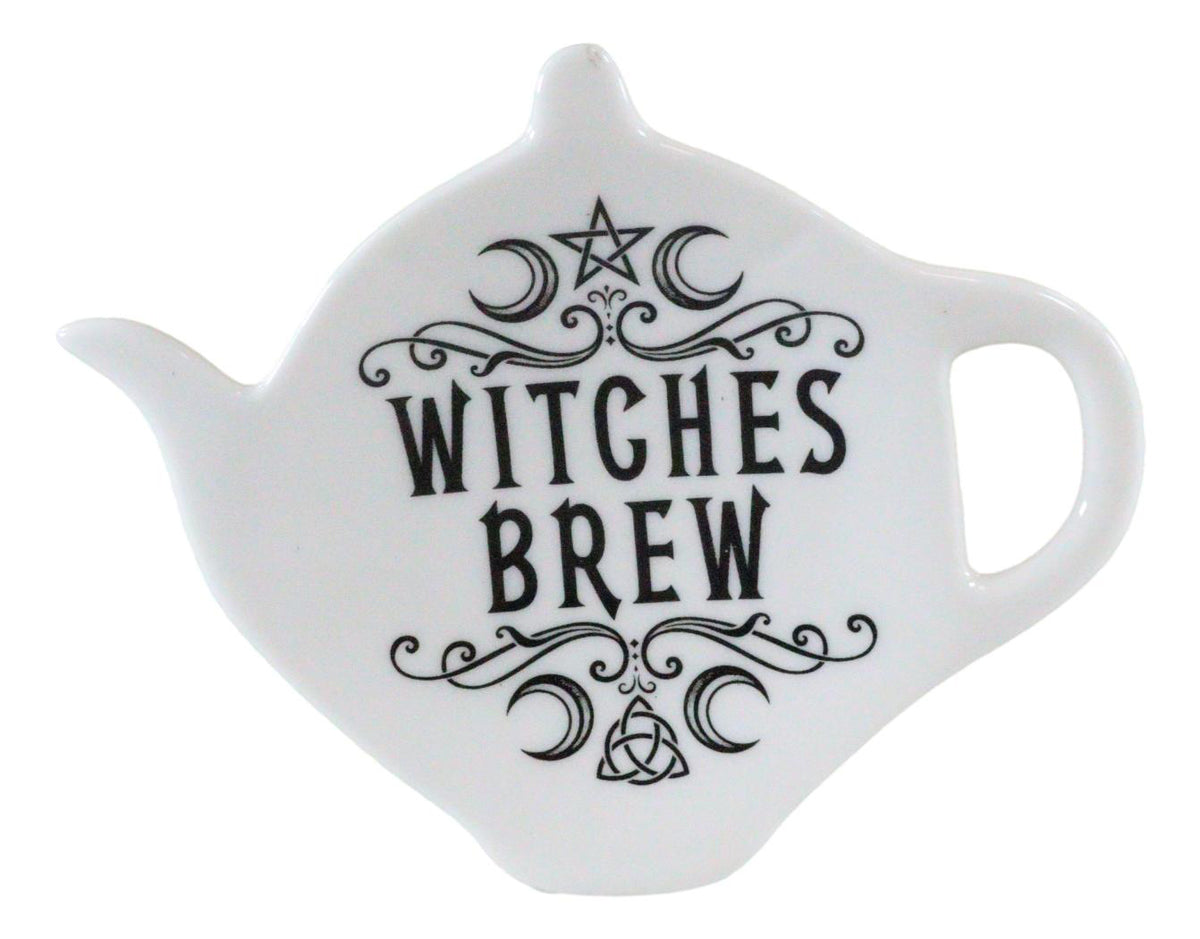 Ebros Wicca Pentagram Moons Witches Brew Hex Ceramic Tea Spoon / Bag Holder Rest Plate