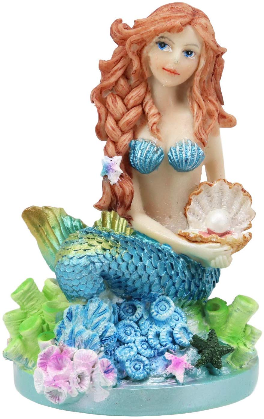 Ebros 4.5" Tall Colorful Nautical Ocean Mermaid Mergirl with Pearl Shell and Blue Tail Sitting On Corals Statue Under The Sea Fantasy Mermaids Mergirls Sirens of The Seas Figurines - Ebros Gift