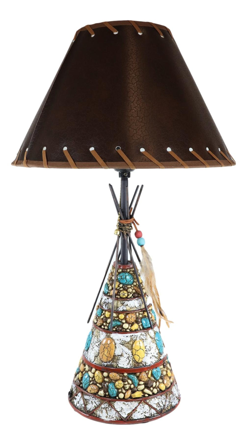 Southwestern Indian Teepee Hut Dreamcatcher Feathers Turquoise Rocks Table Lamp