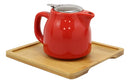 Ebros Bright Red Contemporary Ceramic 20oz Tea Pot With 2 Cups And Bamboo Tray Set