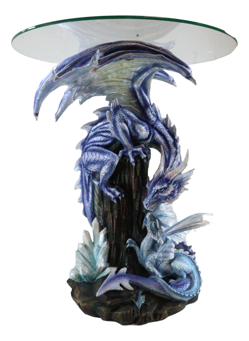 Elemental Frozen Ice Mother Dragon With Hatchling Baby Sculptural Side End Table