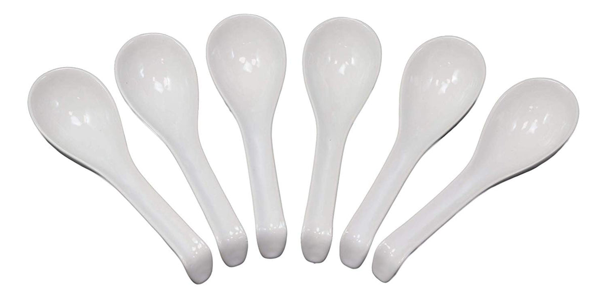 Ebros Japanese Modern Porcelain Soup Spoons With Ladle Hook Pack Of 6 (White) - Ebros Gift