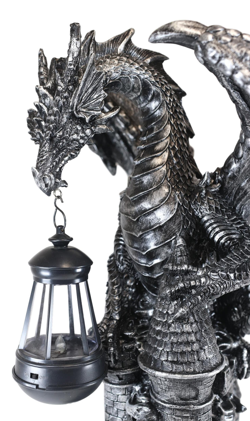 Ebros Dark Beacon Dragon Guardian of Styx Castle Gate Statue W/ Solar LED Light
