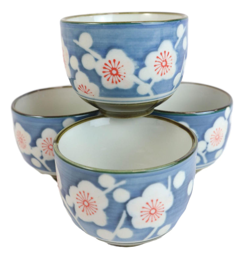 Japanese Cherry Blossom Blue Ceramic 24oz Tea Pot With 4 Cups And Strainer Set