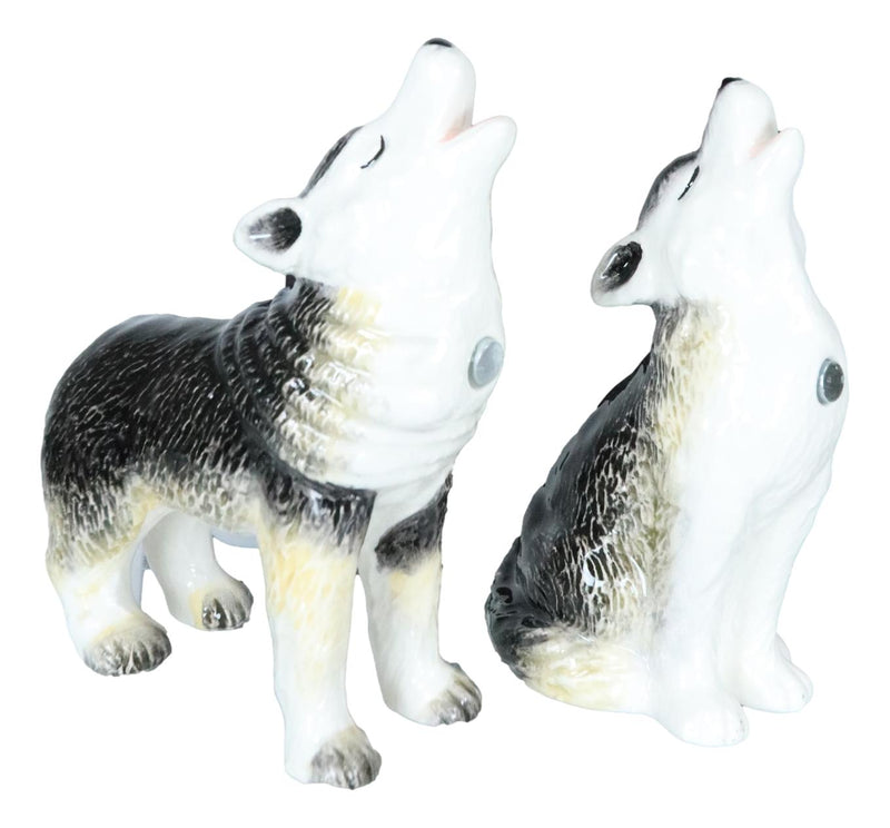 Woodlands Spirit Gray Wolf Pups Moon Howling Ceramic Salt And Pepper Shakers Set