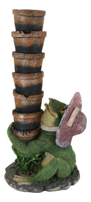 Ebros Green Frog Toad With Pink Hat Juggling Pots Stack With Welcome Sign Figurine 14"