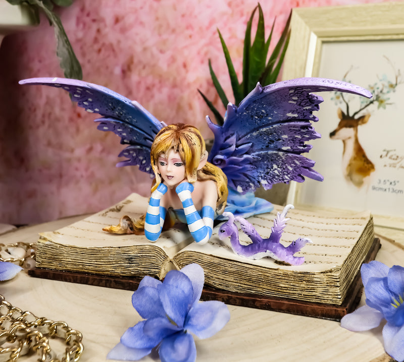 Ebros Amy Brown Purple Lavender Book Worm Fairy with Pet Dragon Statue 7.25" Long Fantasy Mythical Reading Faery FAE Magic Watercolor Collectible Decor Figurine