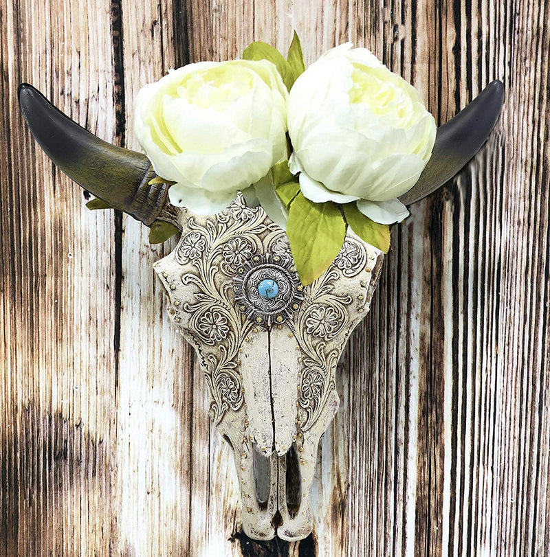 Ebros 11.5" Wide Southwest Steer Bison Buffalo Bull Cow Horned Skull Head with Lace Tooled Design and Turquoise Gem Hanging Wall Mount Flower Vase Decor - Ebros Gift