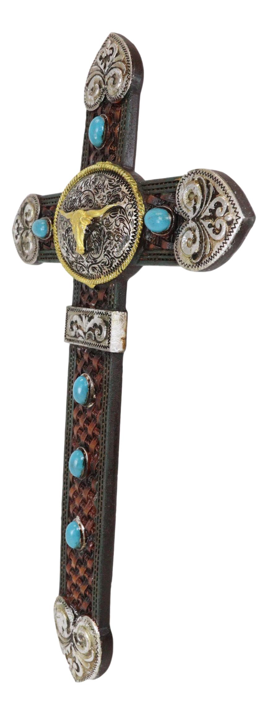 Set of 3 Rustic Western Turquoise Rocks Belt Buckle Conchos Wall Crosses Decor - Ebros Gift
