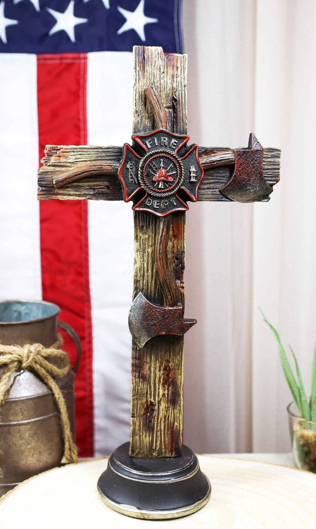 Rustic Western Fire Department Maltese Cross Fireman Axes Desktop Plaque Cross