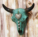 Ebros 10" Wide Western Southwest Steer Bison Buffalo Bull Cow Horned Skull Head Turquoise Silver Heart with Scroll Lace Design Wall Mount Decor - Ebros Gift