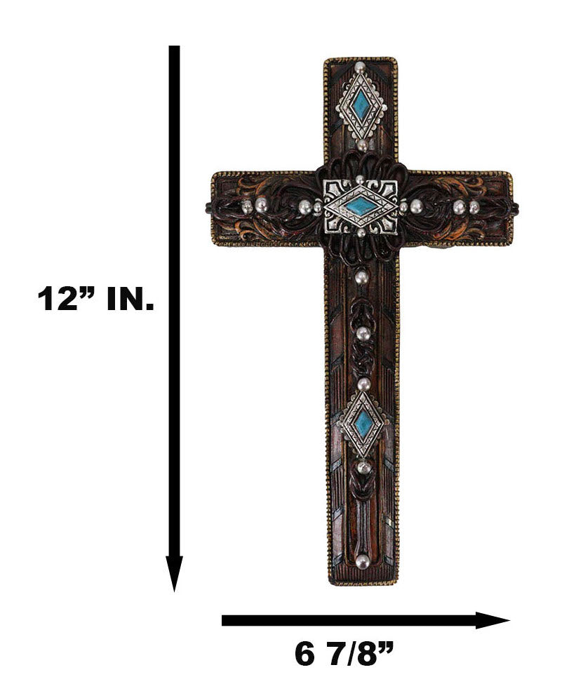 Rustic Western Turquoise Gems Silver Conchos Tooled Leather Wall Cross Decor - Ebros Gift