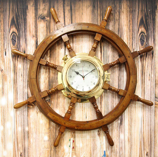 33.25"W Nautical Rustic Wood and Brass Ship Steering Helm Wheel Wall Clock Decor - Ebros Gift