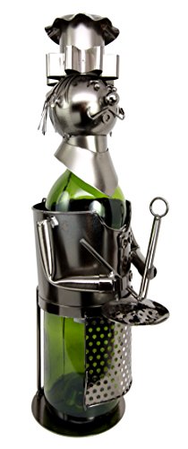 Ebros Gift Head Chef With Pan & Spatula Hand Made Metal Wine Bottle Holder Caddy Decor Figurine 14.5"H