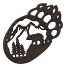 Western Black Bear Paw With Pine Tree Forest And Mountain Cast Iron Wall Decor