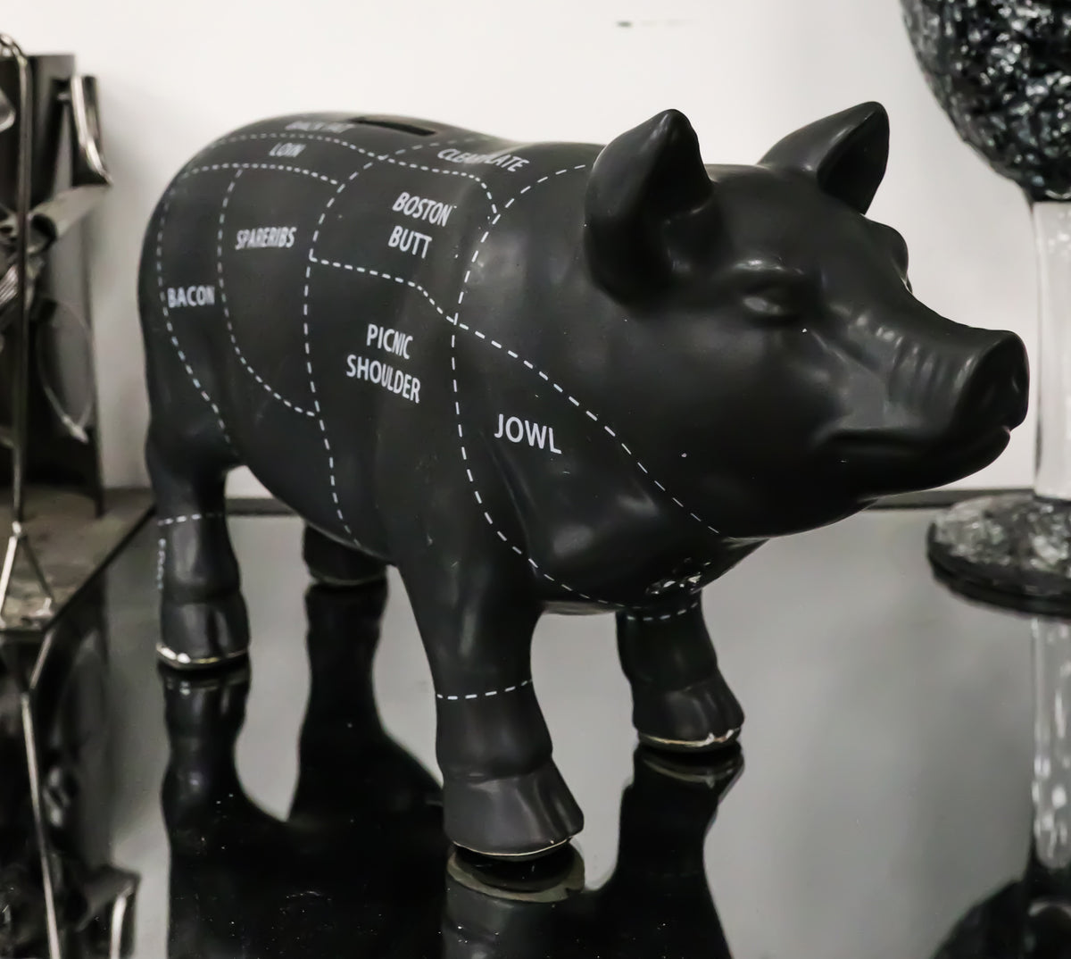 Large Ceramic Country Farm Black Pig Swine Pork Butcher Chart Piggy Coin Bank