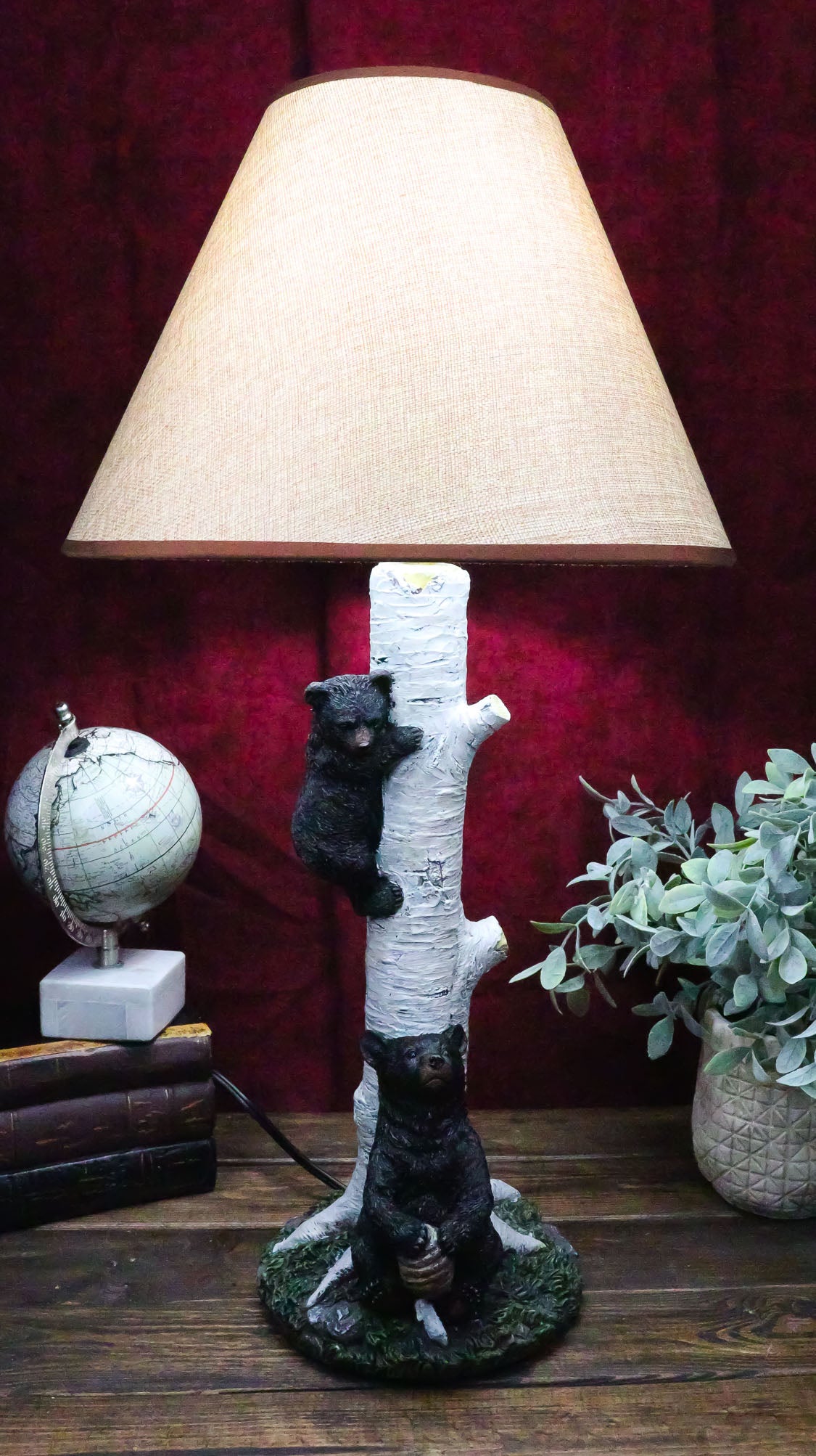 Climbing Black Bear Cub On Birchwood Tree With Mother And Beehive Table Lamp