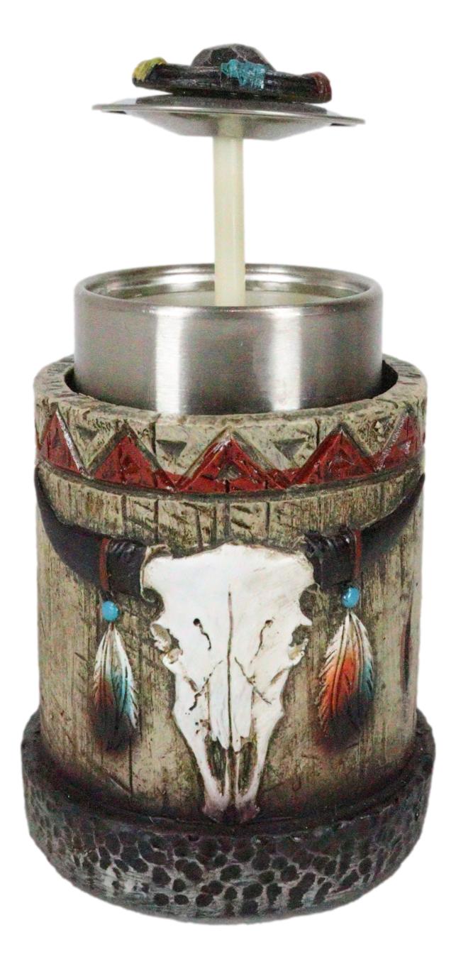 Rustic Western Native Indian Cow Skull Feathers Spring Barrel Toothpick Holder