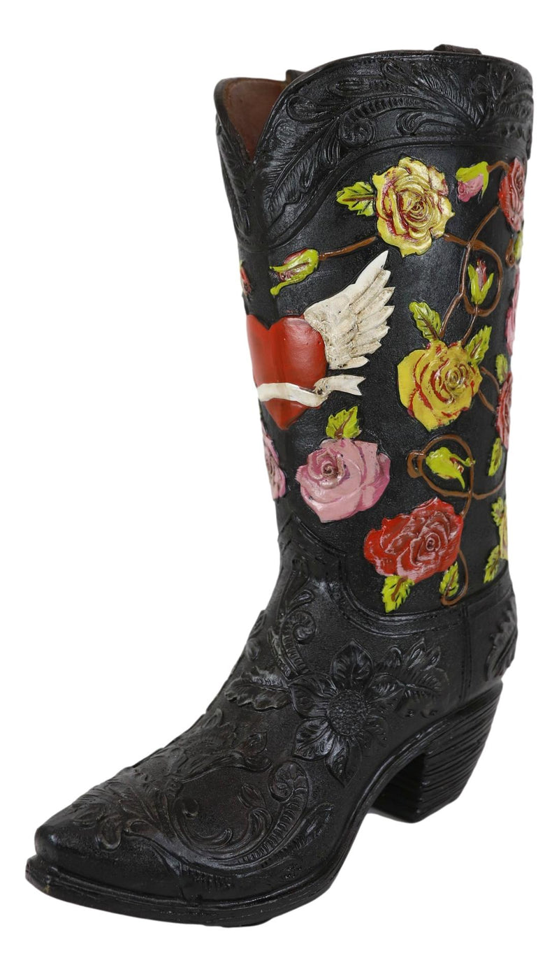 Western Black Cowboy Boot With Vine Roses And Angel Winged Heart Vase Sculpture