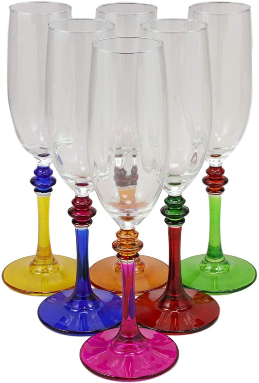 Ebros Set of 6 Italian Multi Color Flute Beveled Glasses With Kiln Infused Base