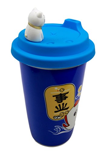 Ebros Gift Lucky Cat Maneki Neko Ceramic Tall Drink Mug Cup With Silicone Lid (Blue)