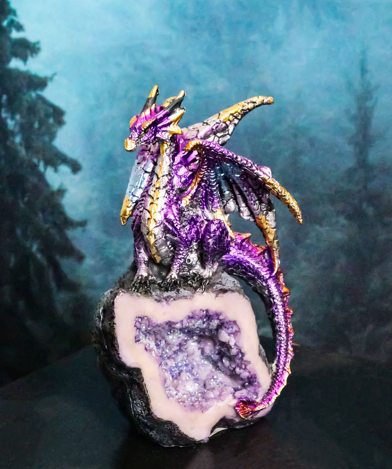 Midnight Space Purple Iridescent Dragon On Faux Geode Rock Crystal Cove Figurine